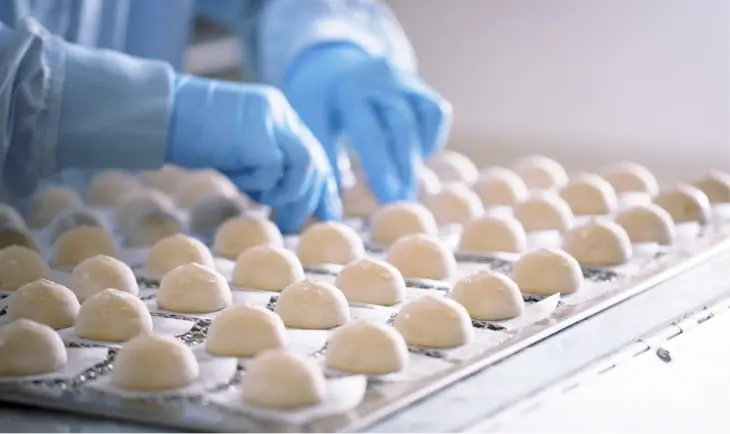 製造ラインで和菓子を整える様子