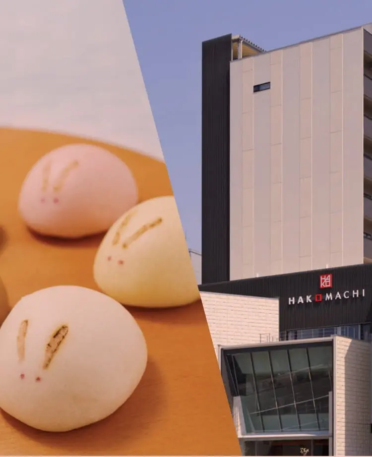 うさぎのお饅頭が並んでいる様子とかなざわはこまちの建物